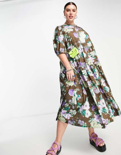 ASOS DESIGN Curve - Robe babydoll mi-longue à imprimé fleuri grunge, 4 de 4