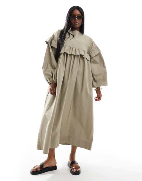 ASOS DESIGN Curve - Robe babydoll mi-longue à volants coupe ample à manches oversize - Noix de cajou grillées - view 1