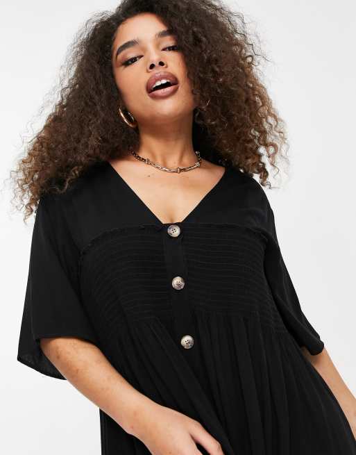 ASOS DESIGN Curve - Robe babydoll mi-longue froncée et boutonnée - Noir, 3 de 4