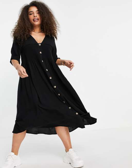 ASOS DESIGN Curve - Robe babydoll mi-longue froncée et boutonnée - Noir, 4 de 4