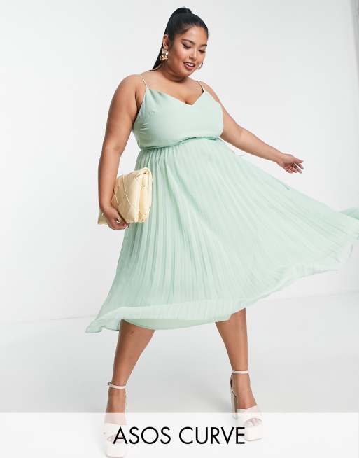 ASOS DESIGN Curve - Robe caraco plissée mi-longue avec taille à cordon - Vert pastel