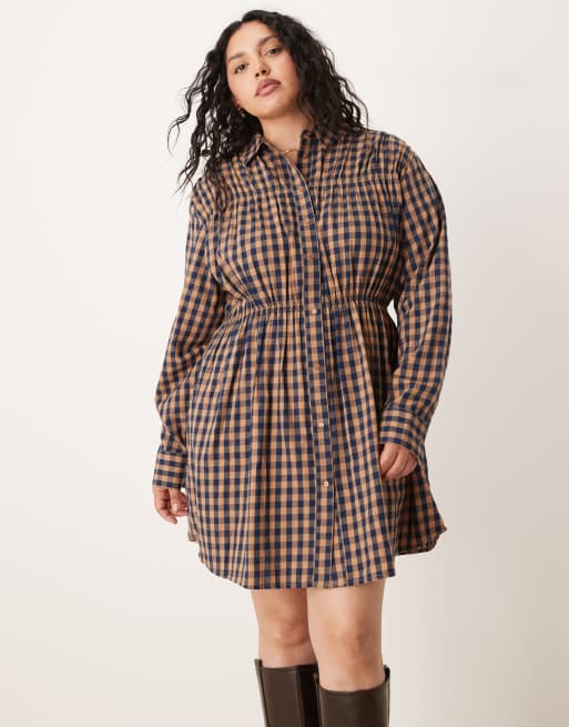 ASOS DESIGN Curve - Robe chemise courte à taille cintrée - Carreaux fauve, 2 de 4