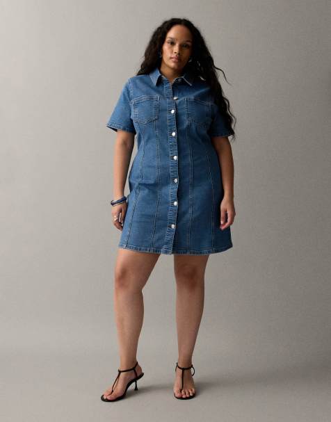 ASOS DESIGN Curve - Robe chemise courte en jean ajustée - Bleu moyen - view 1