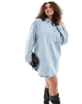ASOS DESIGN Curve denim mini shirt dress with front pockets in bleach wash - ASOS Price Checker