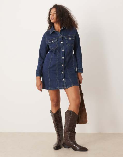 ASOS DESIGN Curve - Robe chemise courte en jean coupe ajustée avec manches longues - Bleu délavé - view 1