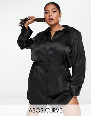 ASOS DESIGN Curve shoulder pad gathered waist mini satin shirt dress in black - ASOS Price Checker