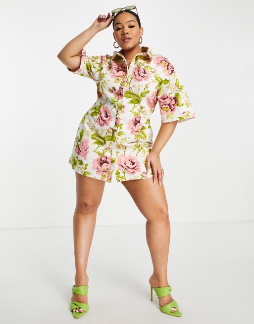 ASOS DESIGN Curve Robe chemise courte en serg imprim floral sur une base blanche