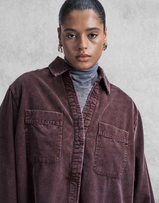 ASOS DESIGN Curve - Robe chemise courte en velours côtelé à poignets larges et poches oversize - Mûre, 2 de 4
