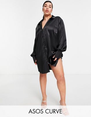 Robes DESIGN Curve - Robe chemise courte et ample en satin à décolleté plongeant - Noir