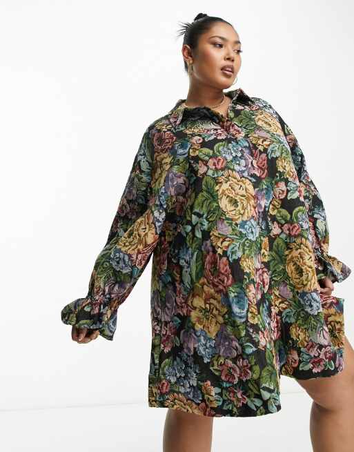ASOS DESIGN Curve - Robe chemise courte oversize à imprimé fleuri style tapisserie 