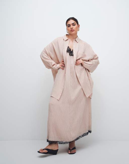 ASOS DESIGN Curve - Robe chemise d'ensemble oversize en popeline rayée - Rose, 2 de 11