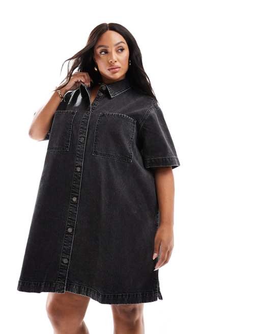 ASOS DESIGN Curve - Robe chemise en jean à manches courtes - Noir délavé