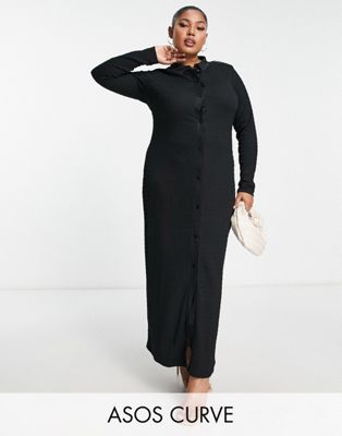 ASOS DESIGN Curve textured long sleeve maxi shirt dress in black - ASOS Price Checker