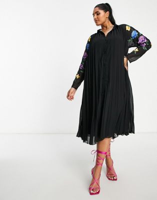 ASOS DESIGN Curve pleated midi shirt dress with embroidered sleeves in black - ASOS Price Checker