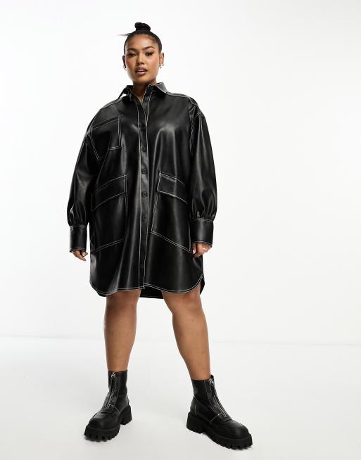 ASOS DESIGN Curve - Robe chemise oversize en similicuir avec coutures contrastantes - Noir