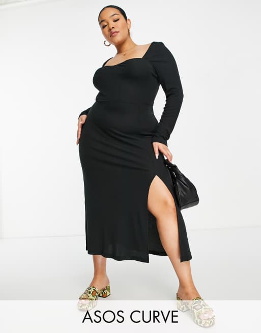 ASOS DESIGN Curve Robe cotelee mi longue a manches longues avec decollete en c ur Noir