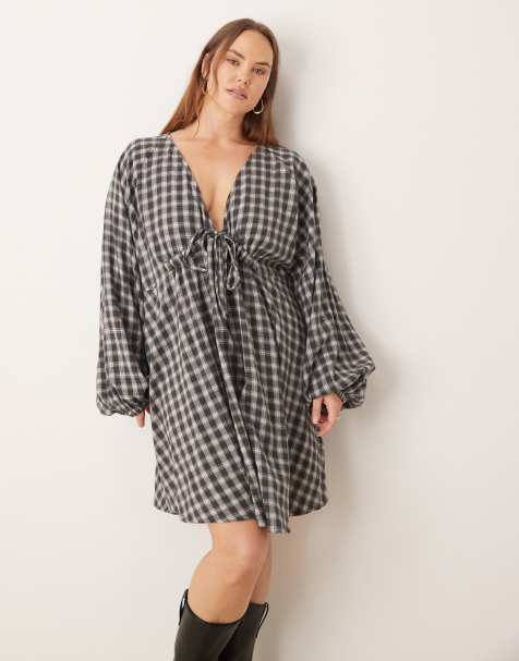 ASOS DESIGN Curve - Robe courte à col V nouée sur le buste avec manches volumineuses - Carreaux gris - view 1