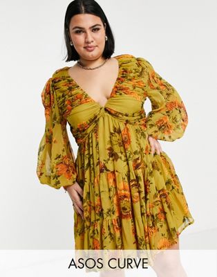 Robes DESIGN Curve - Robe courte à corsage plissé doux et jupe étagée avec lacets au dos et imprimé floral coloré - Olive