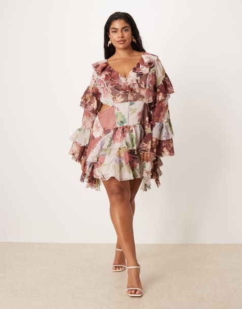 ASOS DESIGN Curve - Robe courte à fleurs variées et découpes avec godets à volants et manches évasées - view 1