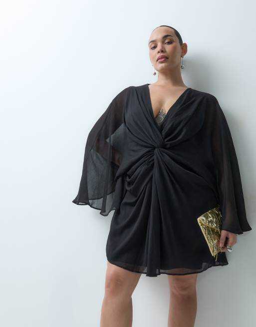 ASOS DESIGN Curve robe courte à manches longues avec devant torsadé et dos nu en noir, 4 de 5