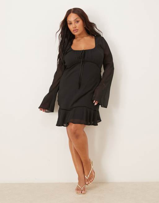 ASOS DESIGN Curve - Robe courte à manches longues et encolure dégagée avec buste froncé - Noir, 2 de 4