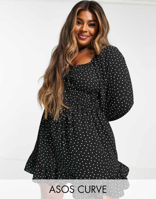 ASOS DESIGN Curve Robe courte a manches longues nouee sur le devant Pois noirs