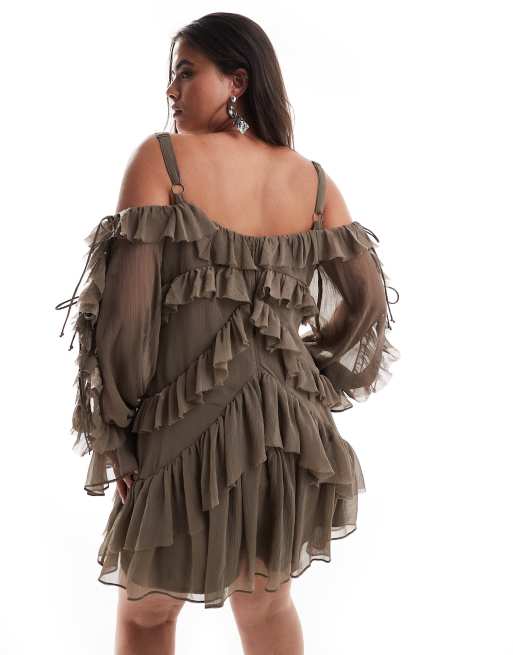 ASOS DESIGN Curve - Robe courte à volants et épaules dénudées - Vison, 3 de 3