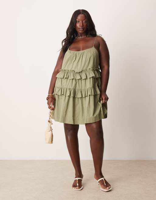 ASOS DESIGN Curve - Robe courte à volants étagés - Kaki