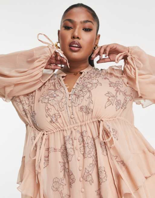 ASOS DESIGN Curve Robe courte boutonnee a volants et ornements fleuris Blush ASOS