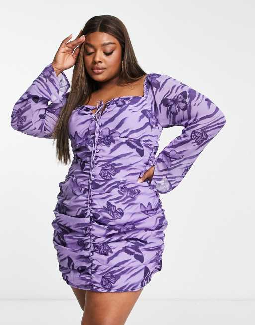ASOS DESIGN Curve - Robe courte boutonnée avec ouverture goutte d'eau et imprimé papillon - Violet , 4 de 4