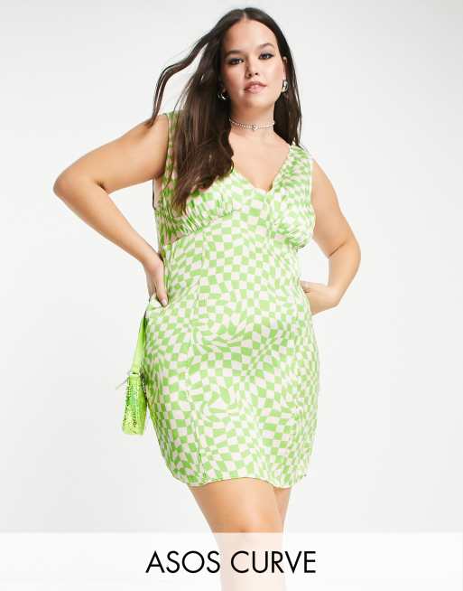 ClassicfuncenterShops DESIGN Curve Robe courte boutonnee sur le cote en satin a imprime damier Vert ClassicfuncenterShops