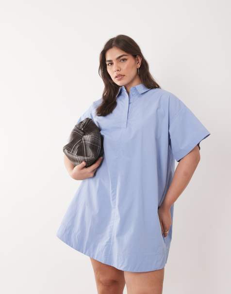 ASOS DESIGN Curve - Robe courte décontractée en popeline à manches courtes - Bleu cendré - view 1