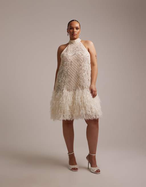 ASOS DESIGN Curve - Robe courte dos nu ornementée à fleurs avec ourlet à plumes synthétiques, 2 de 5