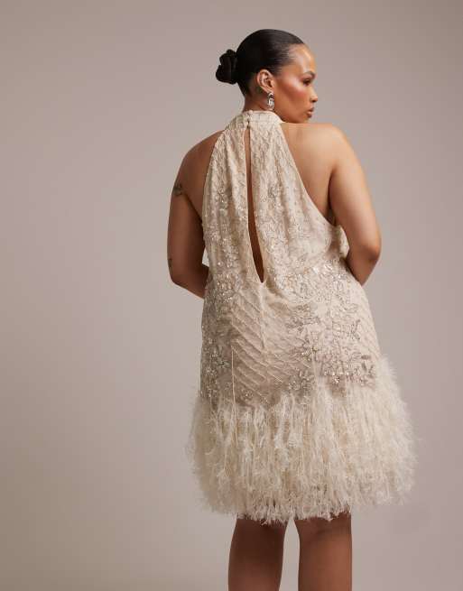 ASOS DESIGN Curve - Robe courte dos nu ornementée à fleurs avec ourlet à plumes synthétiques, 5 de 5