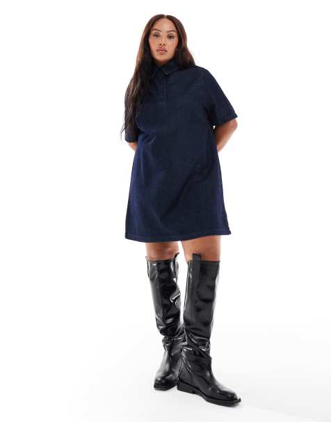 ASOS DESIGN Curve - Robe courte en jean avec col polo - Bleu brut - view 1