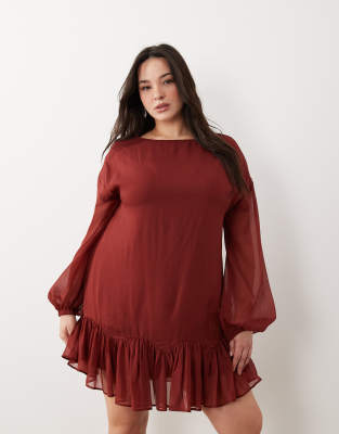 ASOS DESIGN Curve - Robe courte en mousseline avec godets et encolure bateau - Bordeaux-Pas de couleur 48
