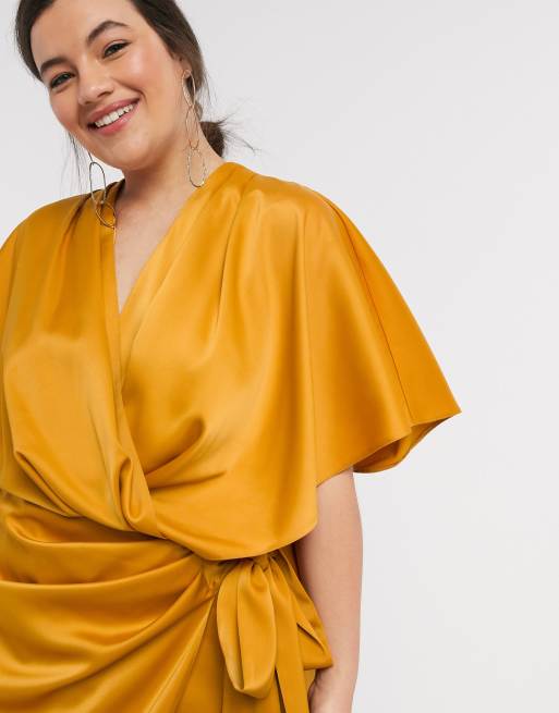 ASOS DESIGN Curve - Robe courte kimono coupe portefeuille avec liens noués à la taille - Ocre, 3 de 4