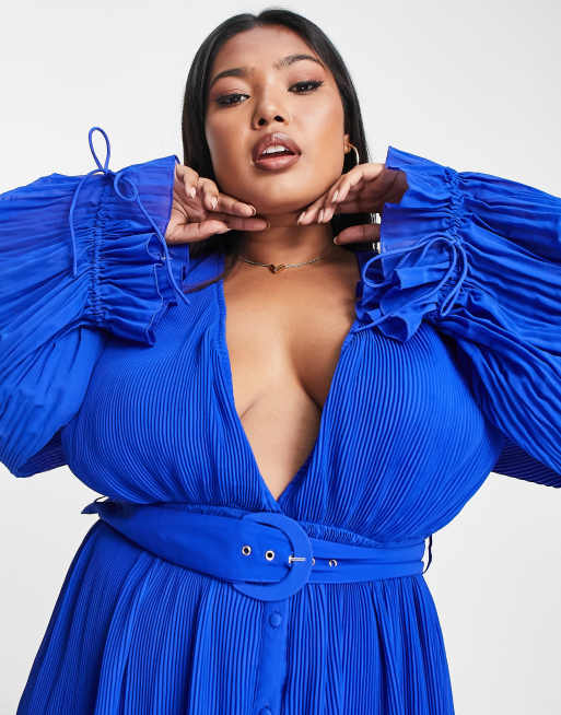 ASOS DESIGN Curve Robe courte plissee a manches blousantes avec ceinture Bleu de cobalt