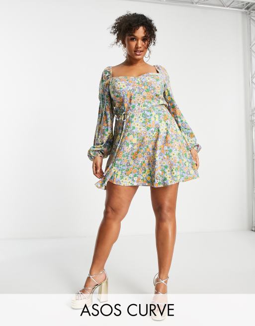 ASOS DESIGN Curve - Robe courte tendance folk à corset - Imprimé fleuri