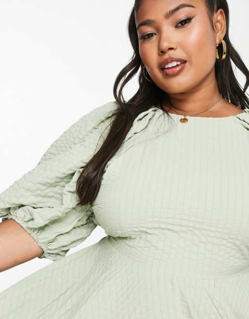 ASOS DESIGN Curve - Robe courte texturée à manches bouffantes et dos ouvert - Sauge, 3 de 4