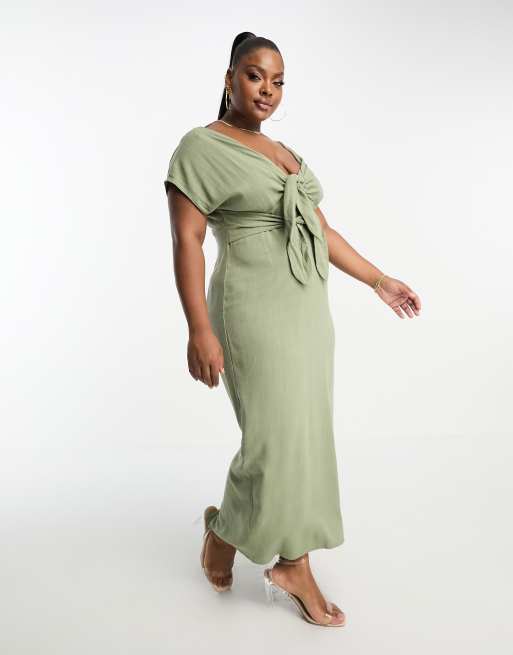 ASOS DESIGN Curve Robe crayon mi longue en lin avec double n ud et col V Kaki