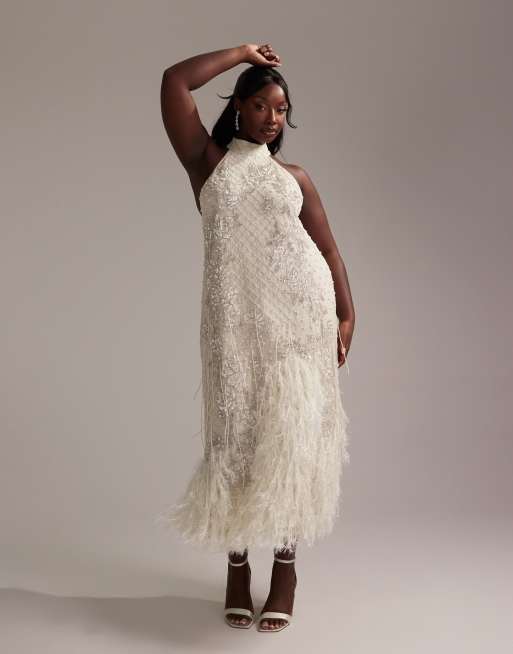 ASOS DESIGN Curve - Robe de mariée longue à dos nageur avec fleurs ornementées et ourlet à franges, 6 de 6