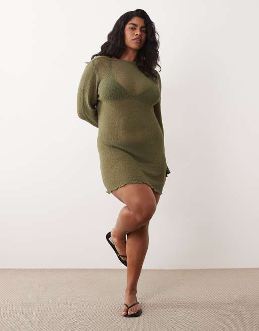 ASOS DESIGN Curve - Robe de plage courte en maille bouclée à dos échancré - Kaki, 3 de 4