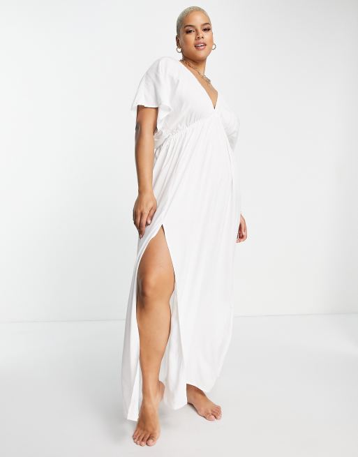 ASOS DESIGN Curve Robe de plage longue a manches evasees Blanc