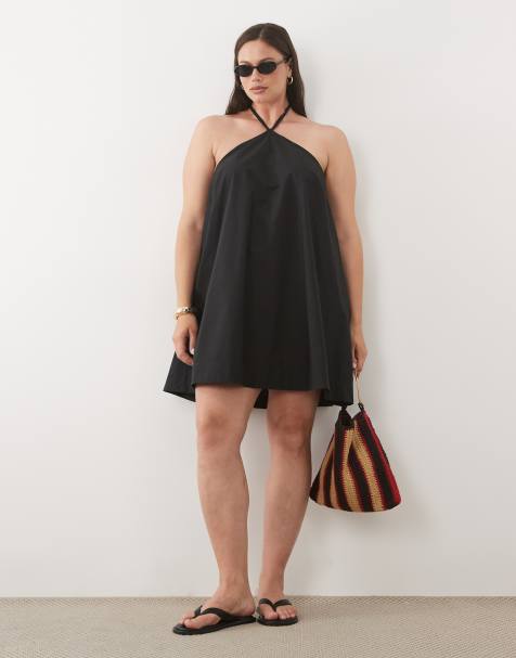 ASOS DESIGN Curve - Robe d'été courte et fluide en popeline avec dos nu - Noir - view 1