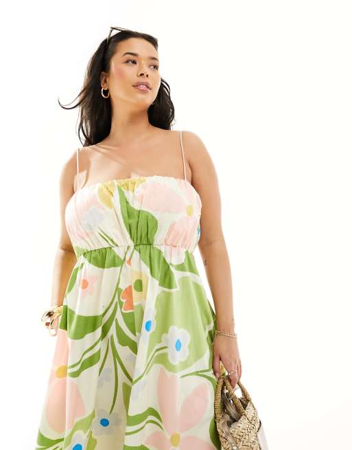 ASOS DESIGN Curve - Robe d'été longue avec buste froncée et bretelles réglables - Imprimé fleurs abstrait coloré, 2 de 4