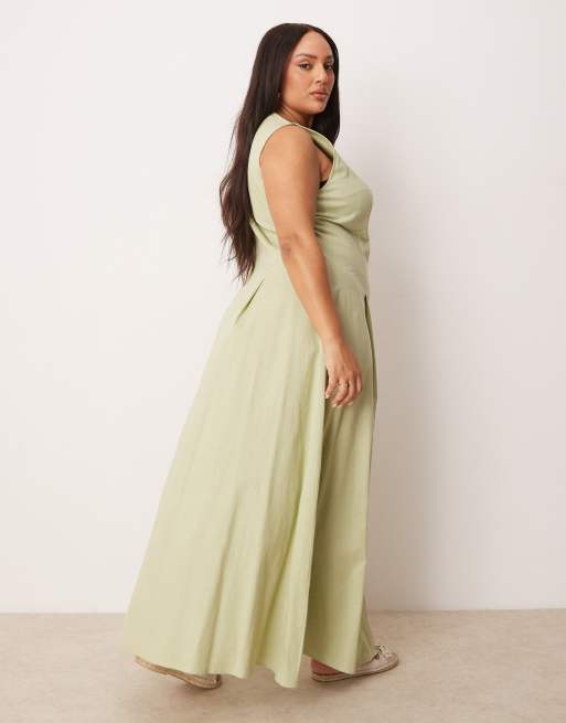 ASOS DESIGN Curve - Robe d'été longue boutonnée style gilet de tailleur à encolure bateau - Sauge , 3 de 4