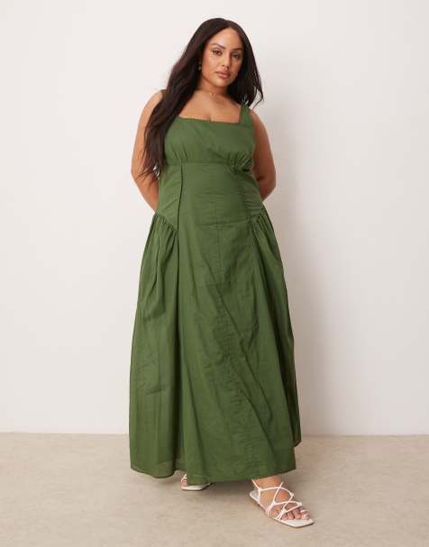 ASOS DESIGN Curve - Robe d'été longue champêtre à encolure carrée et taille basse - Vert forêt - view 1