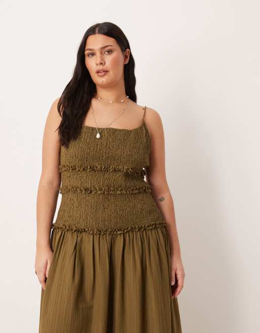 ASOS DESIGN Curve - Robe d'été longue effet froissé à taille basse froncée - Olive , 3 de 4