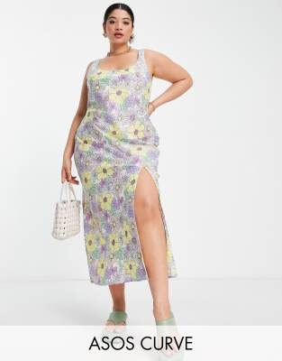 ASOS DESIGN Curve linen scoop neck maxi sundress with split in retro floral - ASOS Price Checker